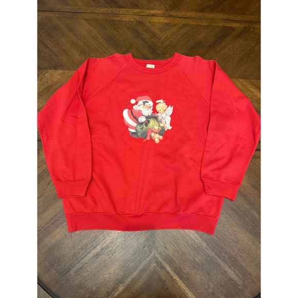 24k More Tops - Vintage 90s Christmas Santa Angel Sweatshirt Red Raglan Crewneck XL 24k More